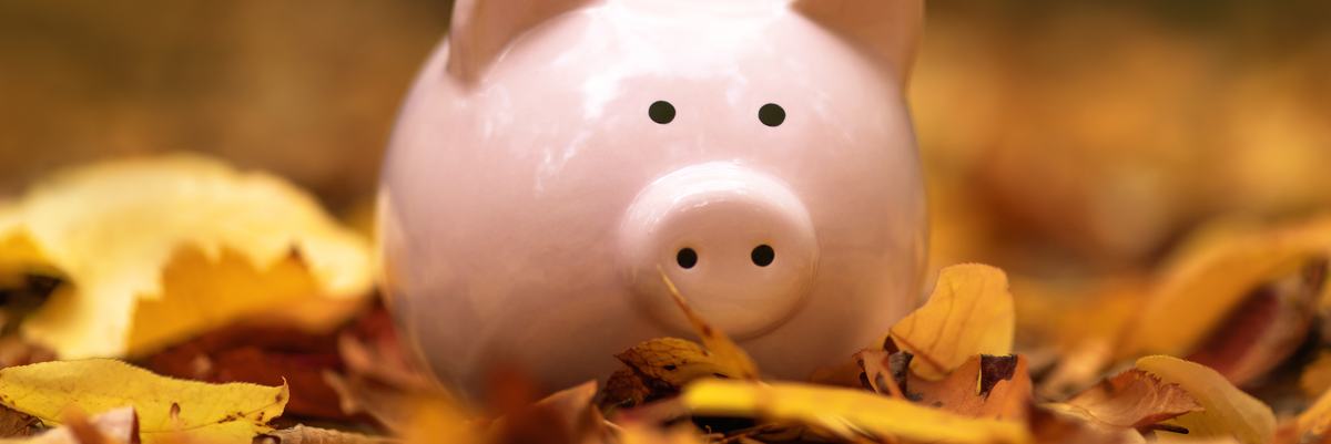 A piggy bank among a pile of fallen leaves.