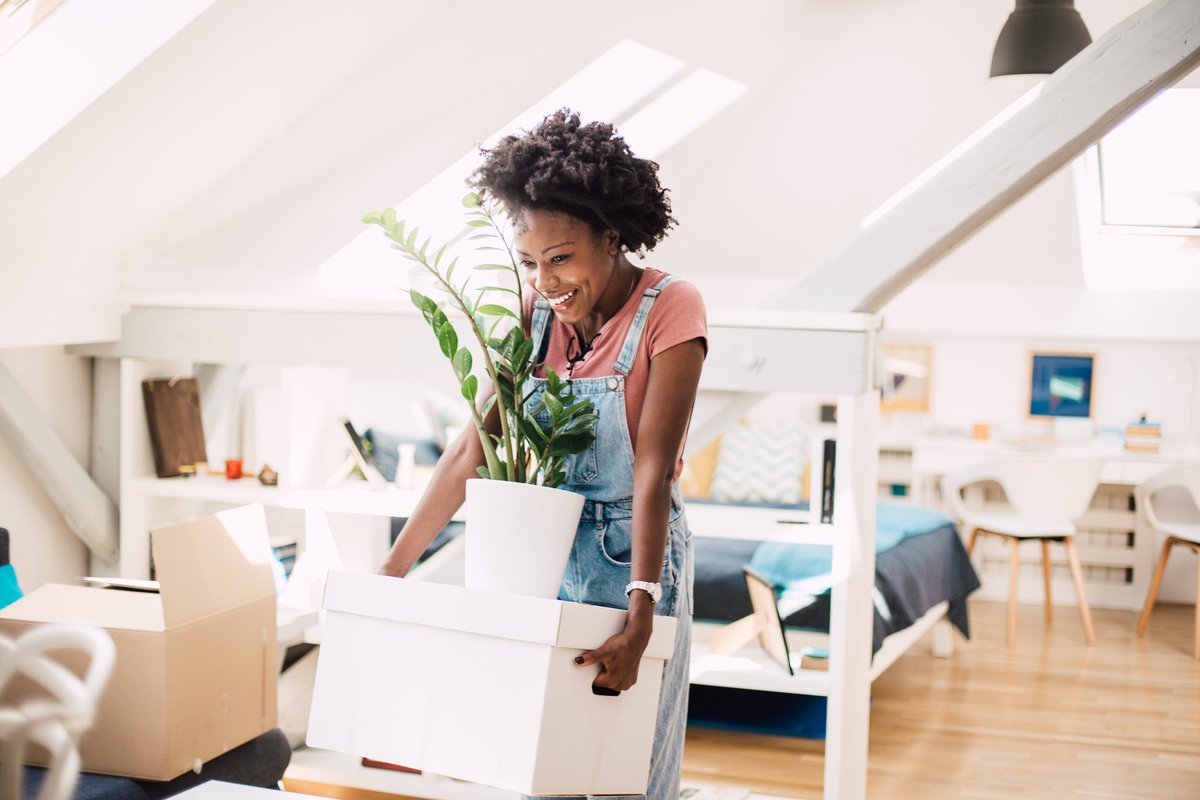 A young adult carries a box of items, including a large plant, into their new house.