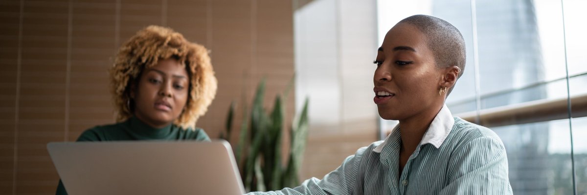 A business advisor uses a laptop while meeting with a client in their home.