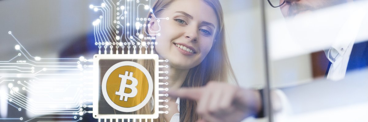 Business coworkers touch a cryptocurrency circuit on a virtual screen.