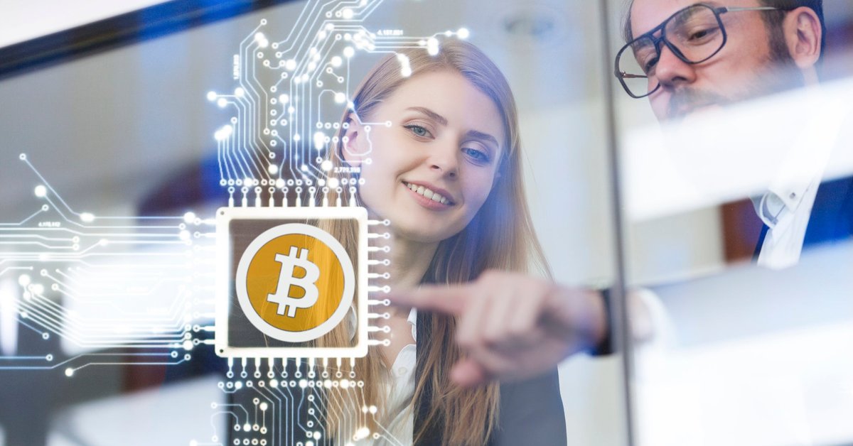 Business coworkers touch a cryptocurrency circuit on a virtual screen.