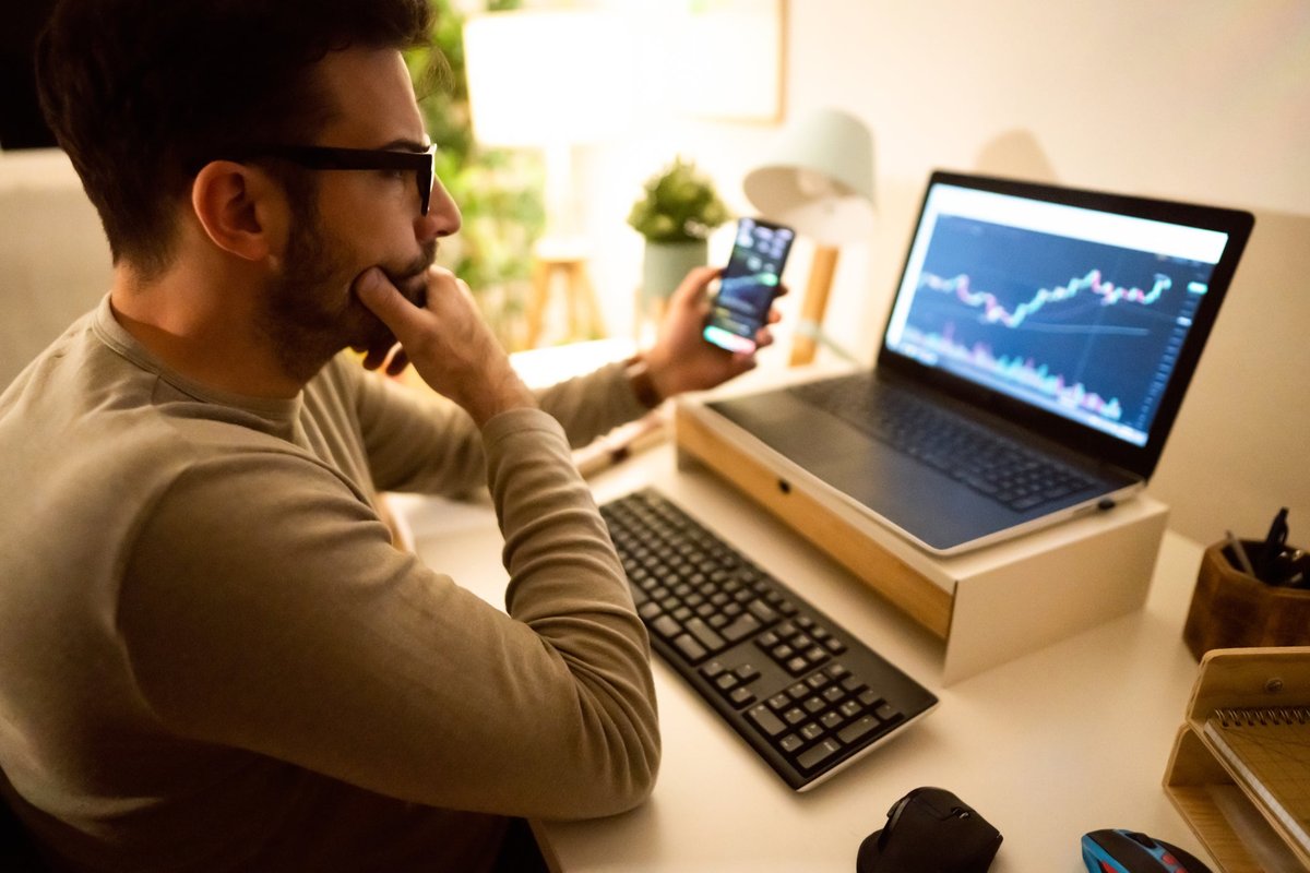 An adult analyzes a crypto graph on their laptop in their home office.