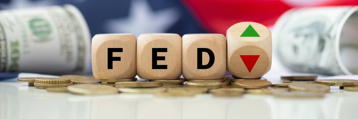 Blocks spelling FED with another block featuring an up arrow and a down arrow being turned.