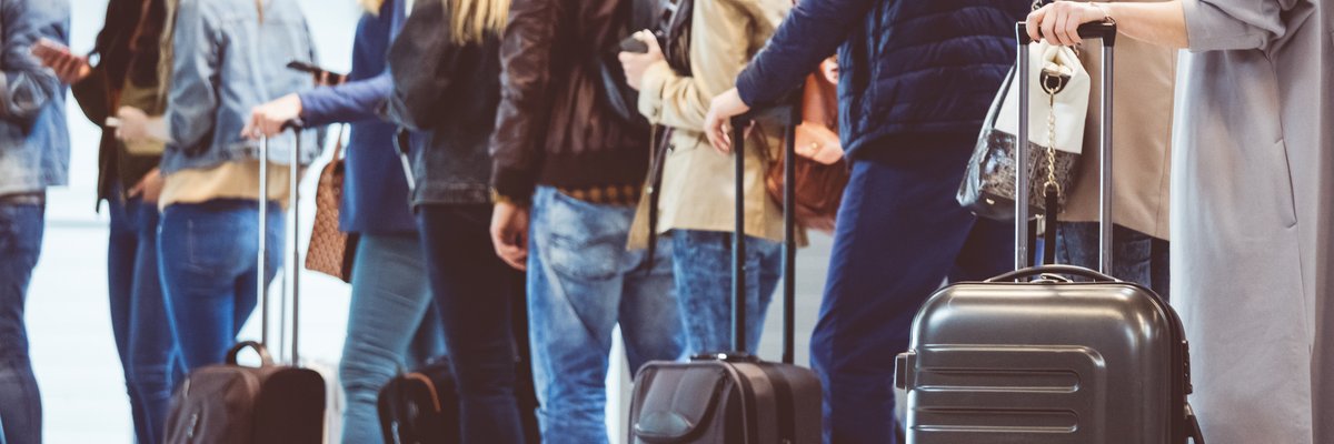 People with luggage in line at airport.