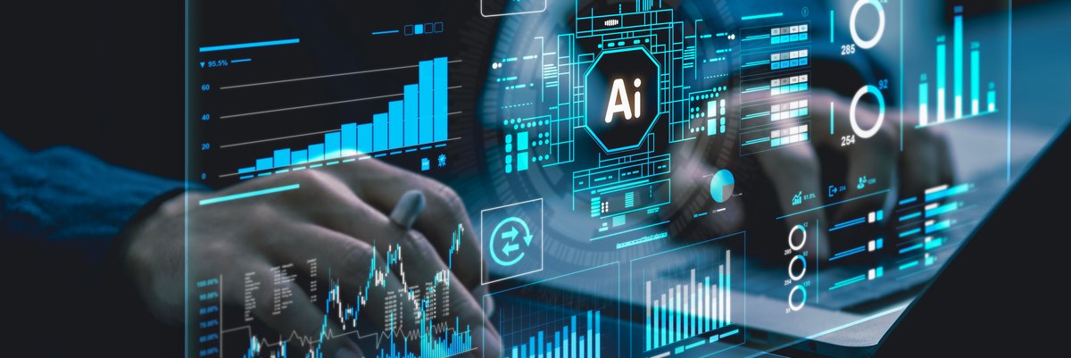 Hands use electronics with AI and related data symbols projected above the keyboard.