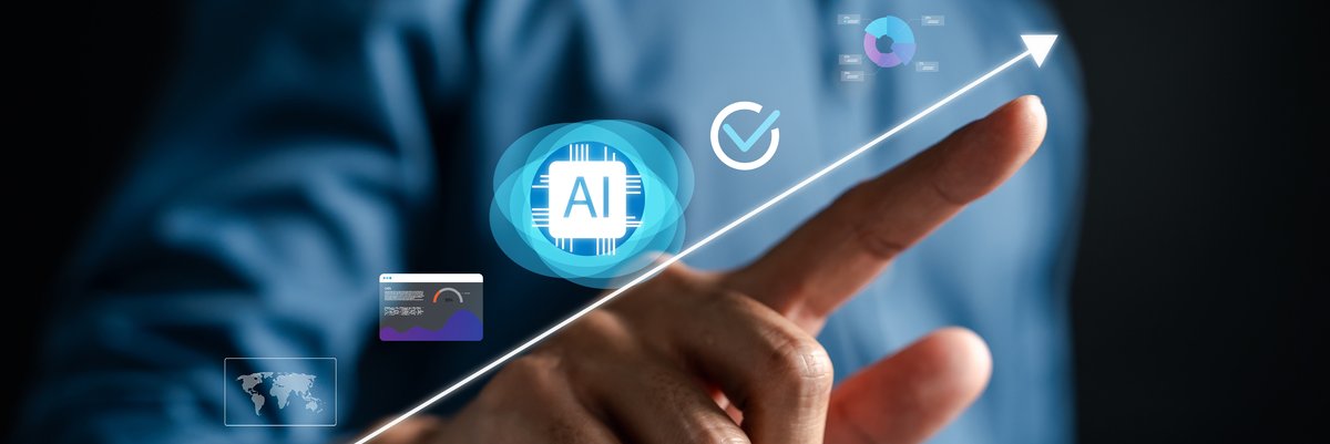 A finger creates a straight upward trending line with an AI bubble in the middle of it.