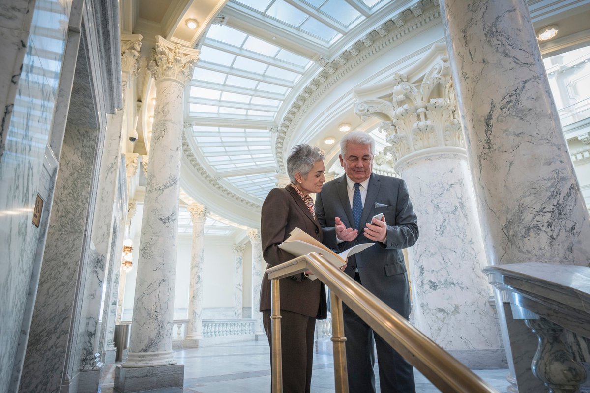 Two mature businesspeople discuss financial matters in a federal building.