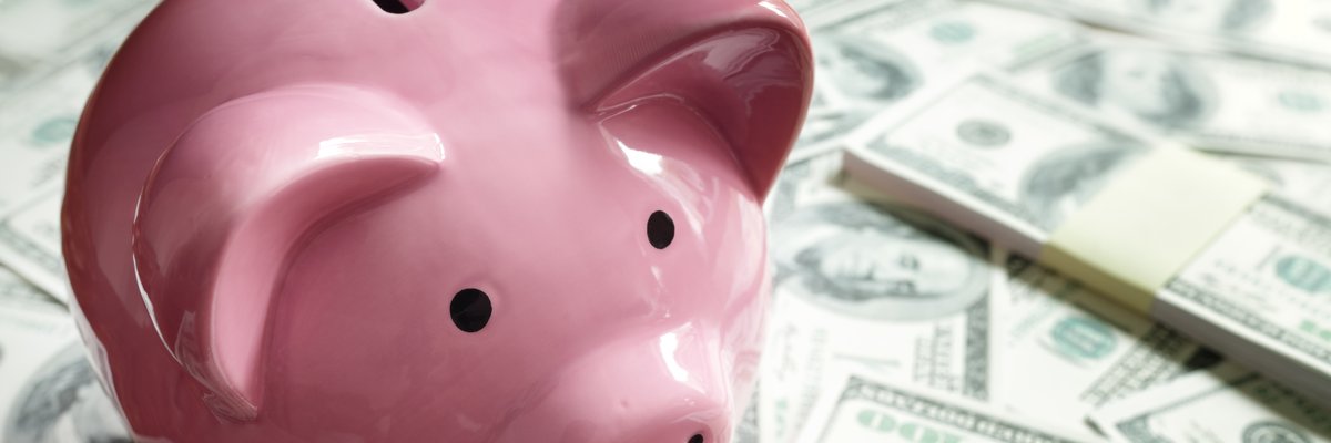 Piggy bank surround by cash stacks