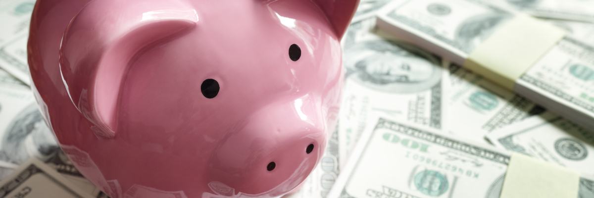 Piggy bank surround by cash stacks