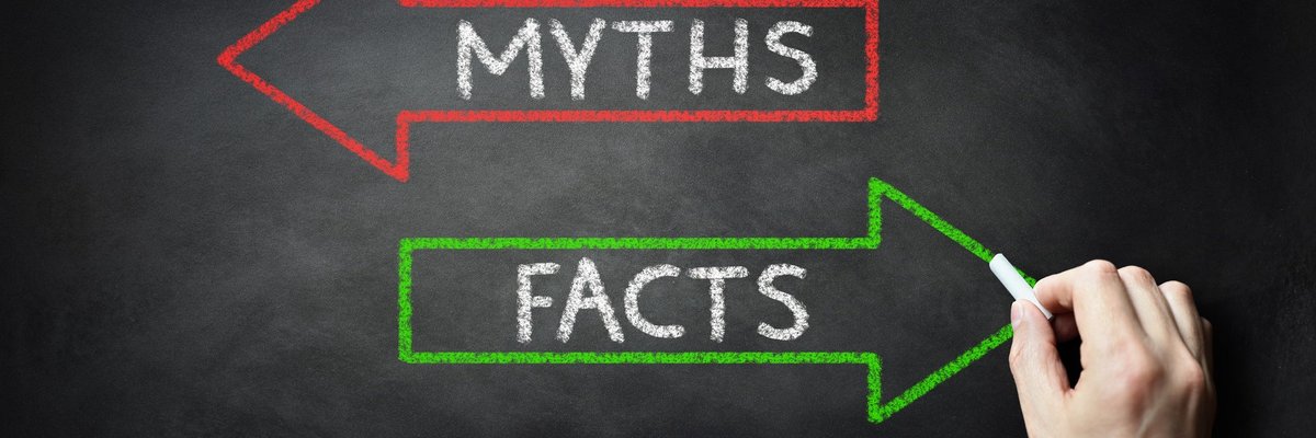 A red arrow saying "myths" and a green arrow saying "facts"