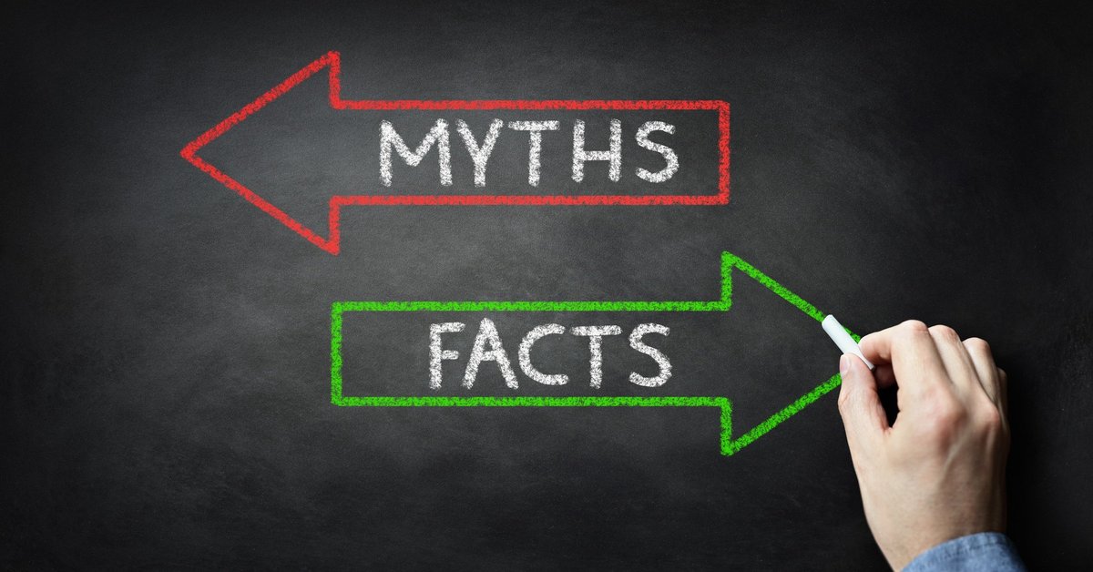 A red arrow saying "myths" and a green arrow saying "facts"