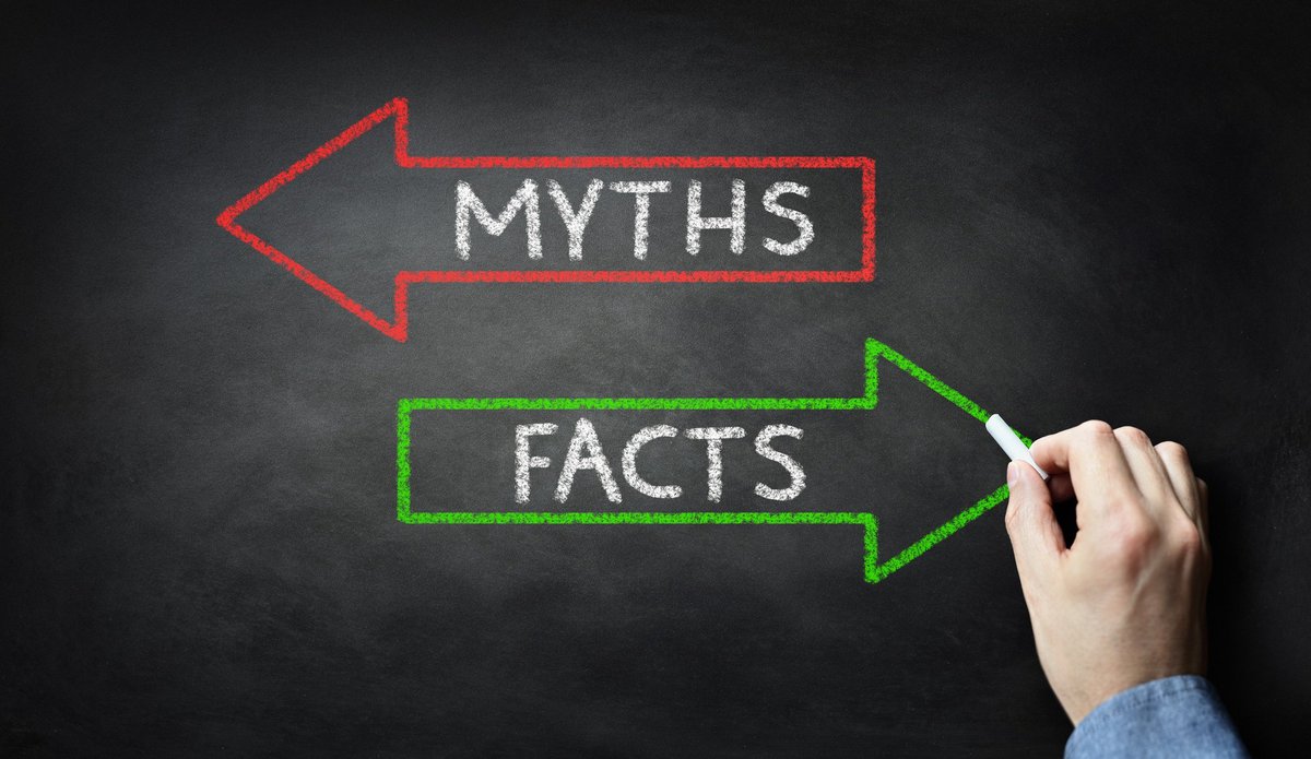 A red arrow saying "myths" and a green arrow saying "facts"