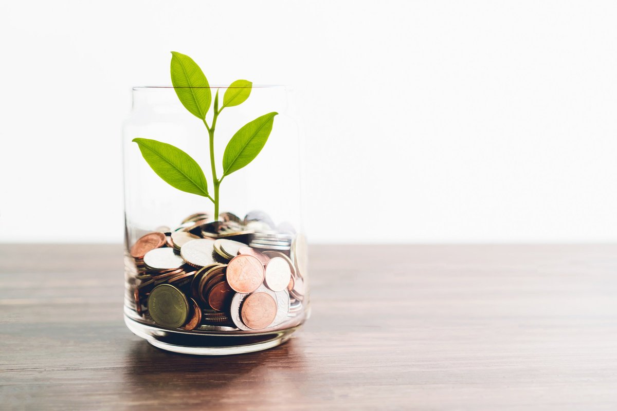 Glass with pile of coins and plant growing in it.
