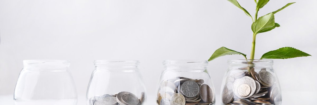A row of glass jars with the first being empty and the others increasingly full of coins and the final one has a plant sprouting from it.