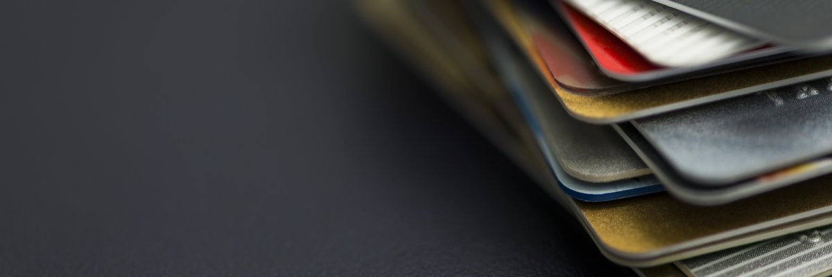 Credit cards on a desk.