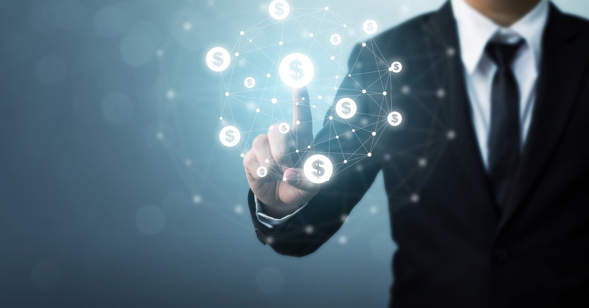 man in suit touching floating money icon