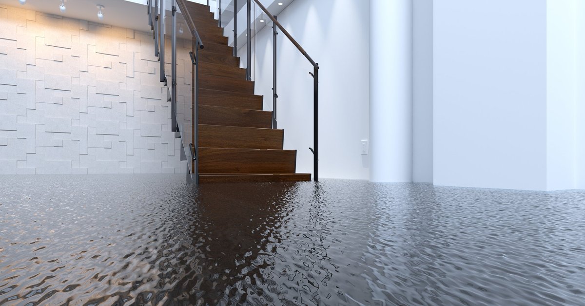 A stairway leading out of a flooded basement.
