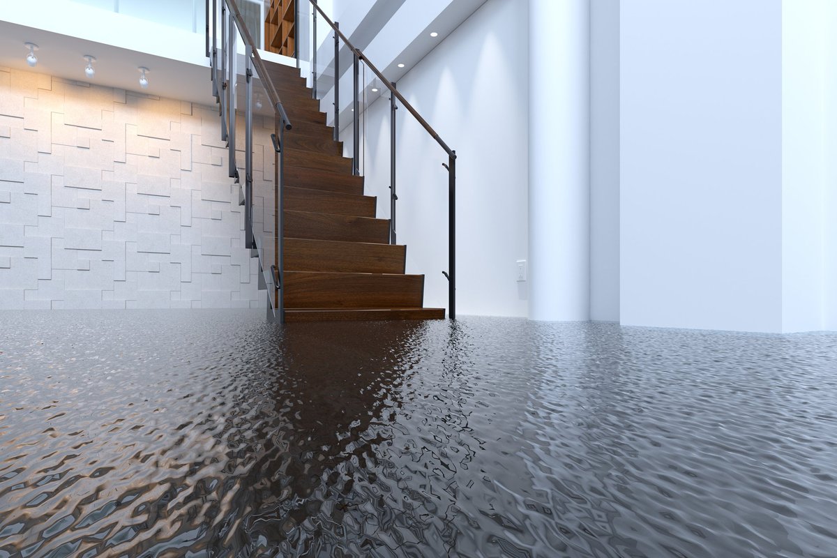 A stairway leading out of a flooded basement.