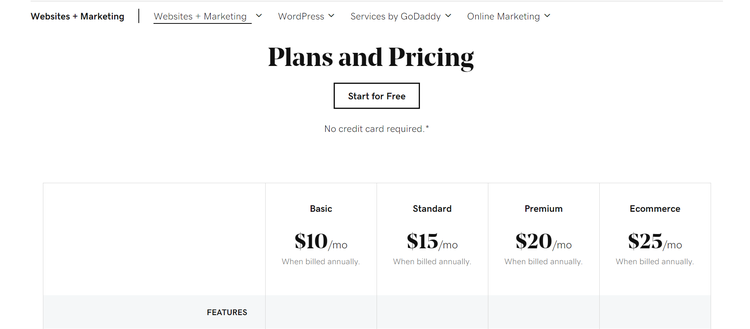 Pricing plan options for GoDaddy Website Builder displayed on a computer screen.