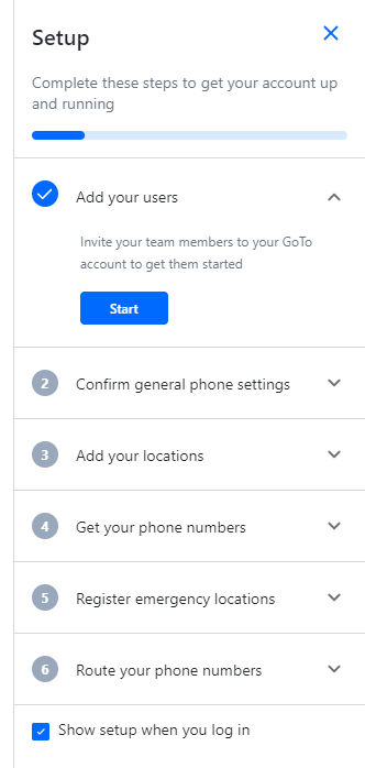 GoToConnect’s initial onboarding includes phone settings and locations.