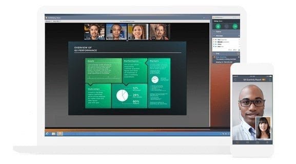 GoToMeeting’s screen sharing feature showing a presentation, and a smartphone displaying a video call between two people.