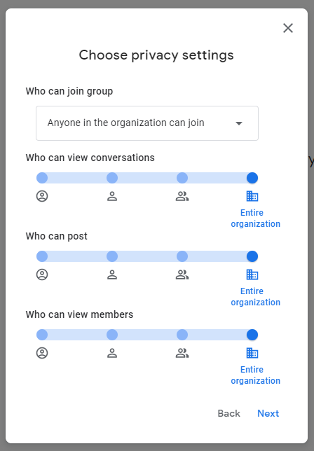 Privacy setting panel for Google Groups.