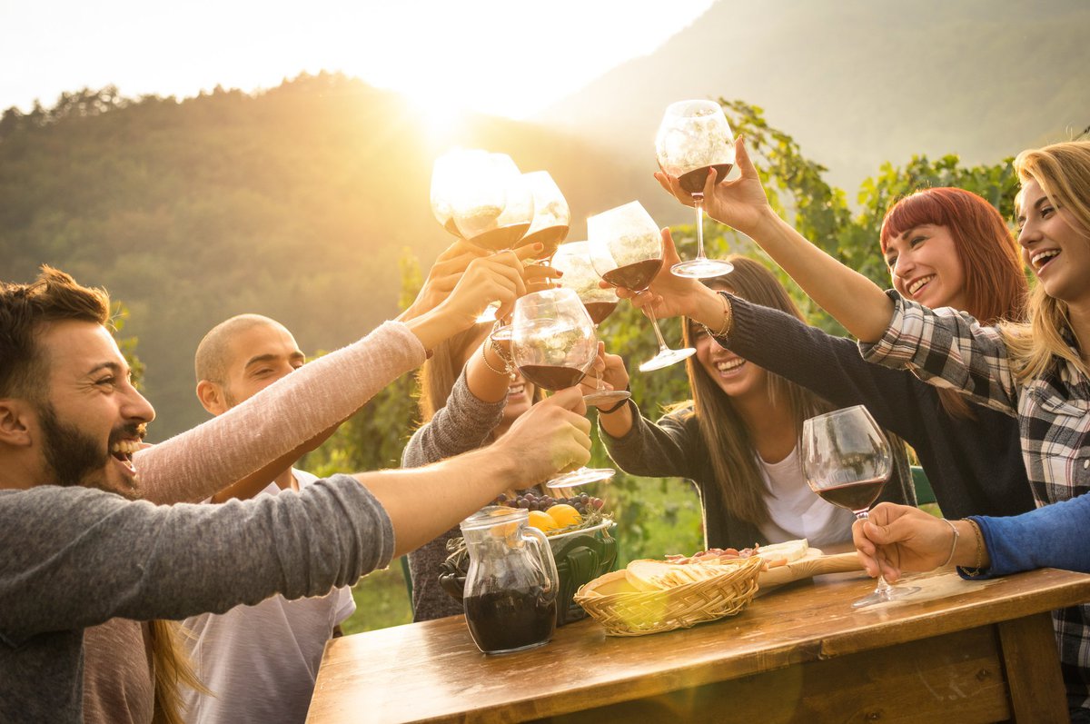 A group of friends clinking their wine glasses together on a sunny patio.