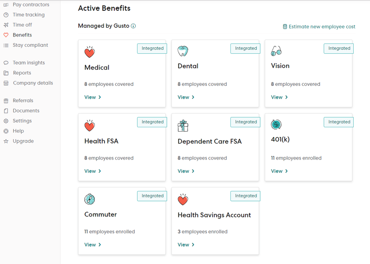 Gusto benefits screen with cards for each type of benefit plan and number of employees enrolled