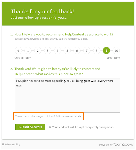 BambooHR’s survey screen with fields for how likely you are to recommend your place of work.