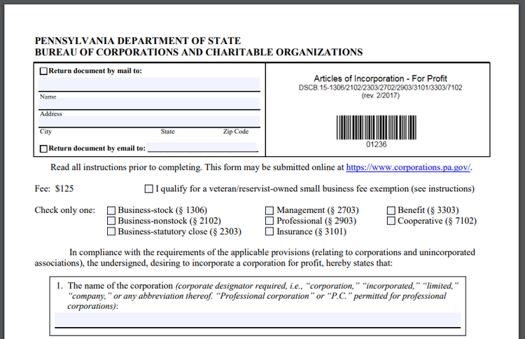 Screenshot of the Pennsylvania state department's articles of incorporation form.