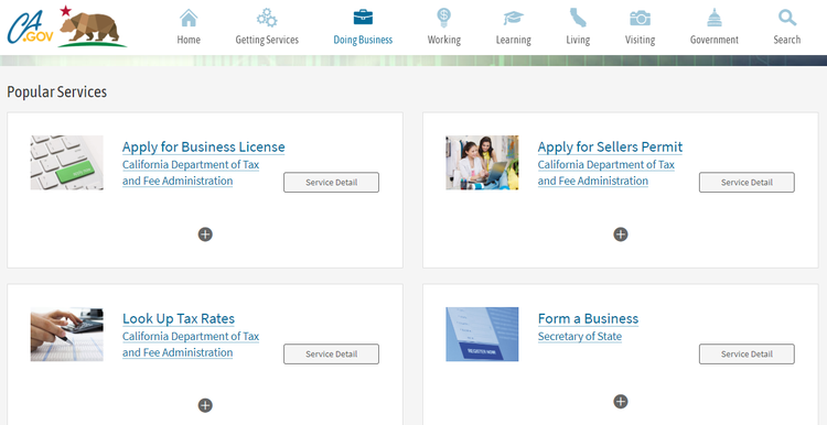 Screenshot of California's Doing Business page.