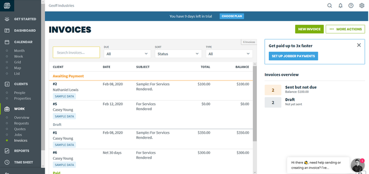 Screenshot of Jobber's dashboard for invoice management.
