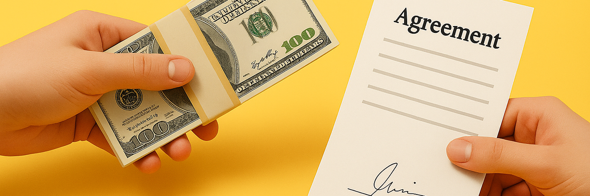 Hands exchanging money and a loan agreement awaiting signature on yellow background