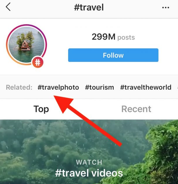 A screenshot from Hootsuite showing how to find related hashtags on Instagram.