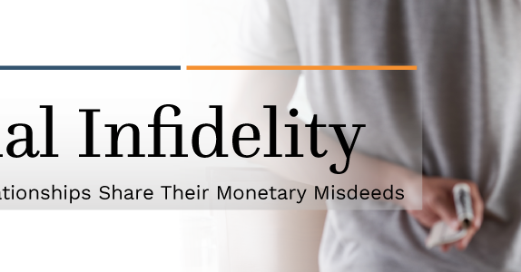 The words Financial Infidelity overlaid on a couple, with the man hiding money behind his back. Text: 1,000 People in Serious Relationships Share Their Monetary Misdeeds