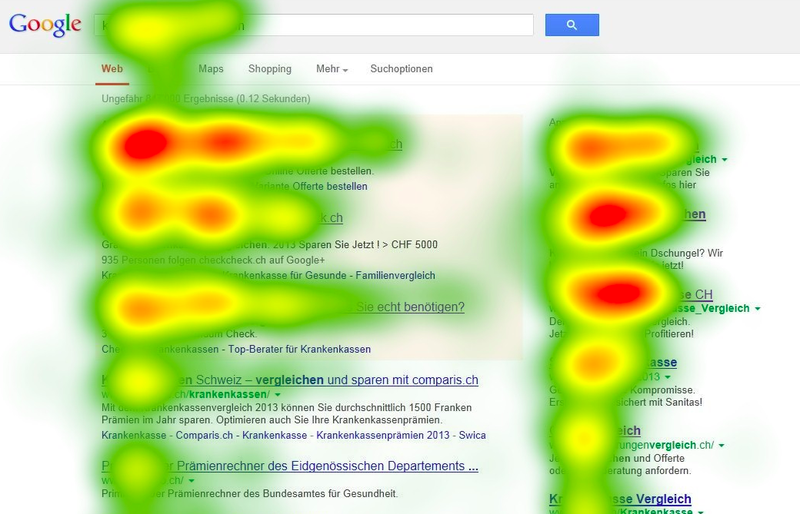 A Google search results page is overlaid with heat map data.