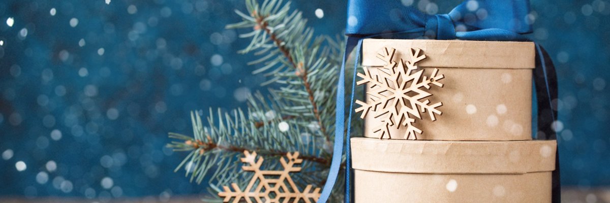 Wrapped gift boxes decorated with a blue bow, wooden snowflakes, and a pine branch.
