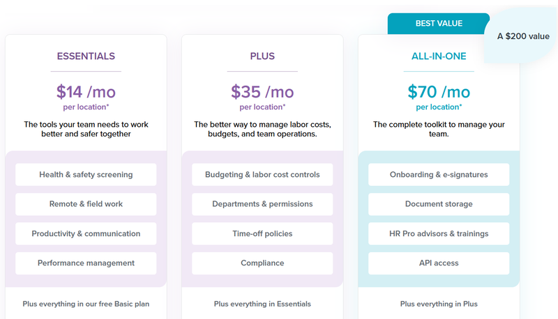 A screenshot of Homebase pricing plans.