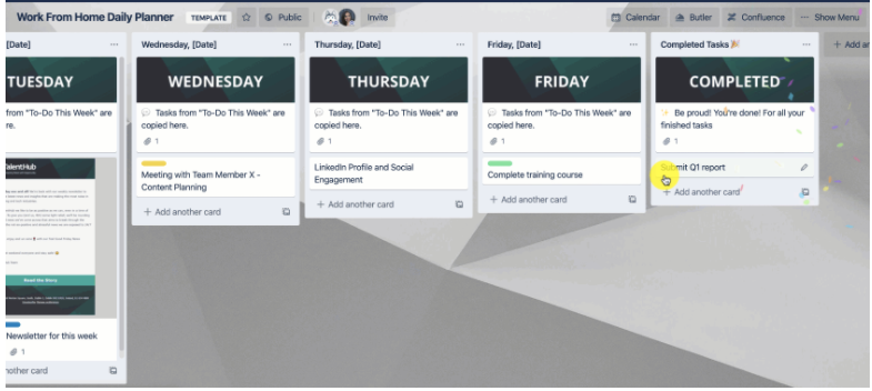 A diagram showing to-do tasks for Tuesday, Wednesday, Thursday, and Friday, with the last column entitled Completed.