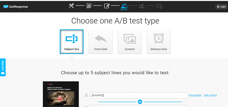 GetResponse A/B test function with 5 different subject line options