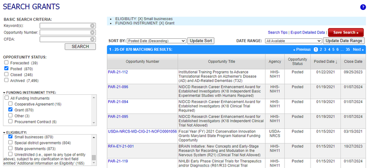 The search tool on the federal grants database at grants.gov.