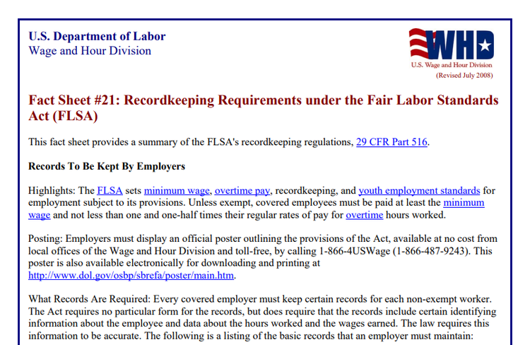 A Department of Labor fact sheet on FLSA recordkeeping requirements.