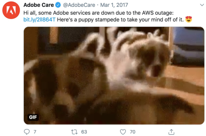 A tweet from Adobe care announcing a technical issue paired with a dog GIF.