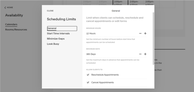 The scheduling limit options on Acuity with sections to set the number of hours and days.