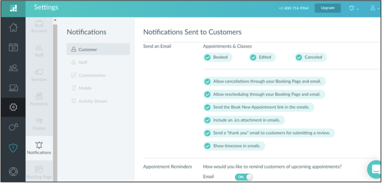 The screenshot shows customer notification options on Setmore.
