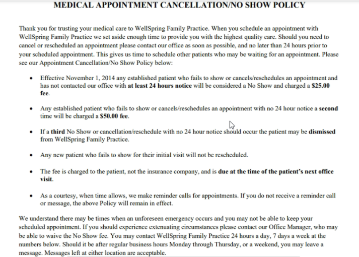 A cancellation/no-show policy from WellSpring Family Practice outlining the guidelines and fees associated with a missed appointment.