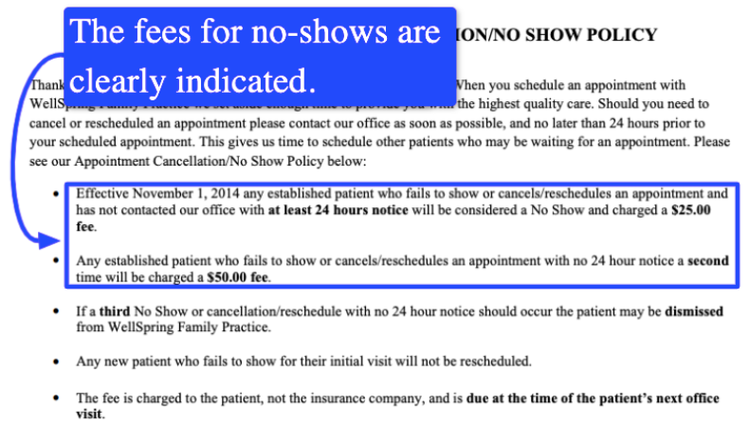 A cancellation/no-show policy with the no-show fees highlighted in a blue box.