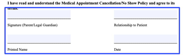 The section patients need to sign to signify agreement to the cancellation and no-show policy terms.