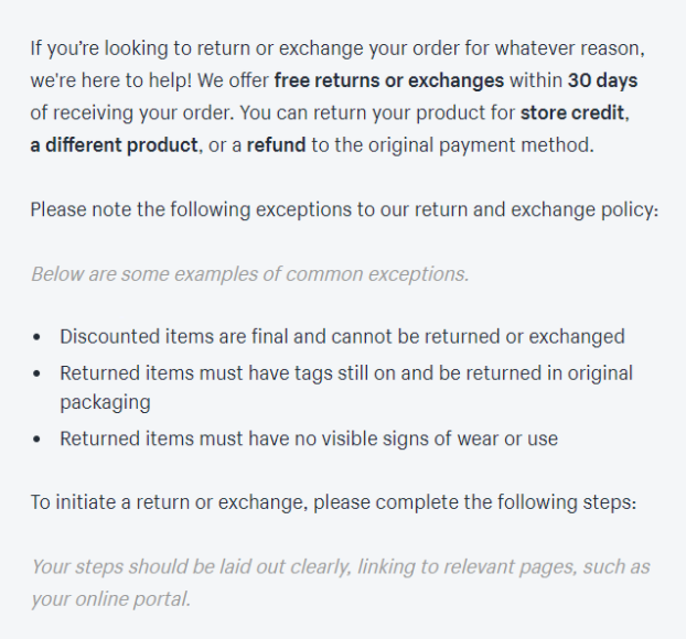 Return Policy Template Shopify