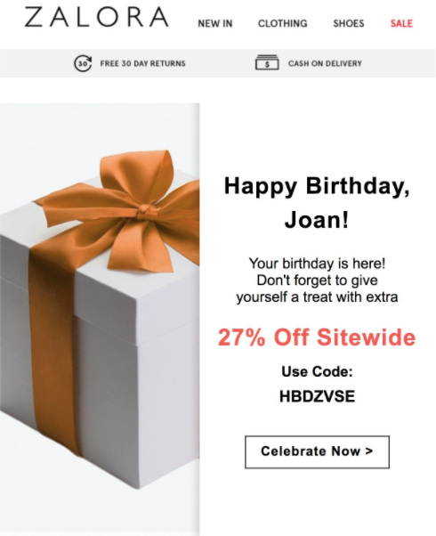 Screenshot of a birthday promotional email from Zalora